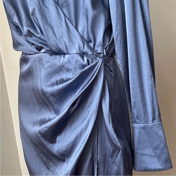 SEROYA Silk Alisa Dress Long Sleeve Mini Open Back V Neck Country Blue - Picture 8 of 13